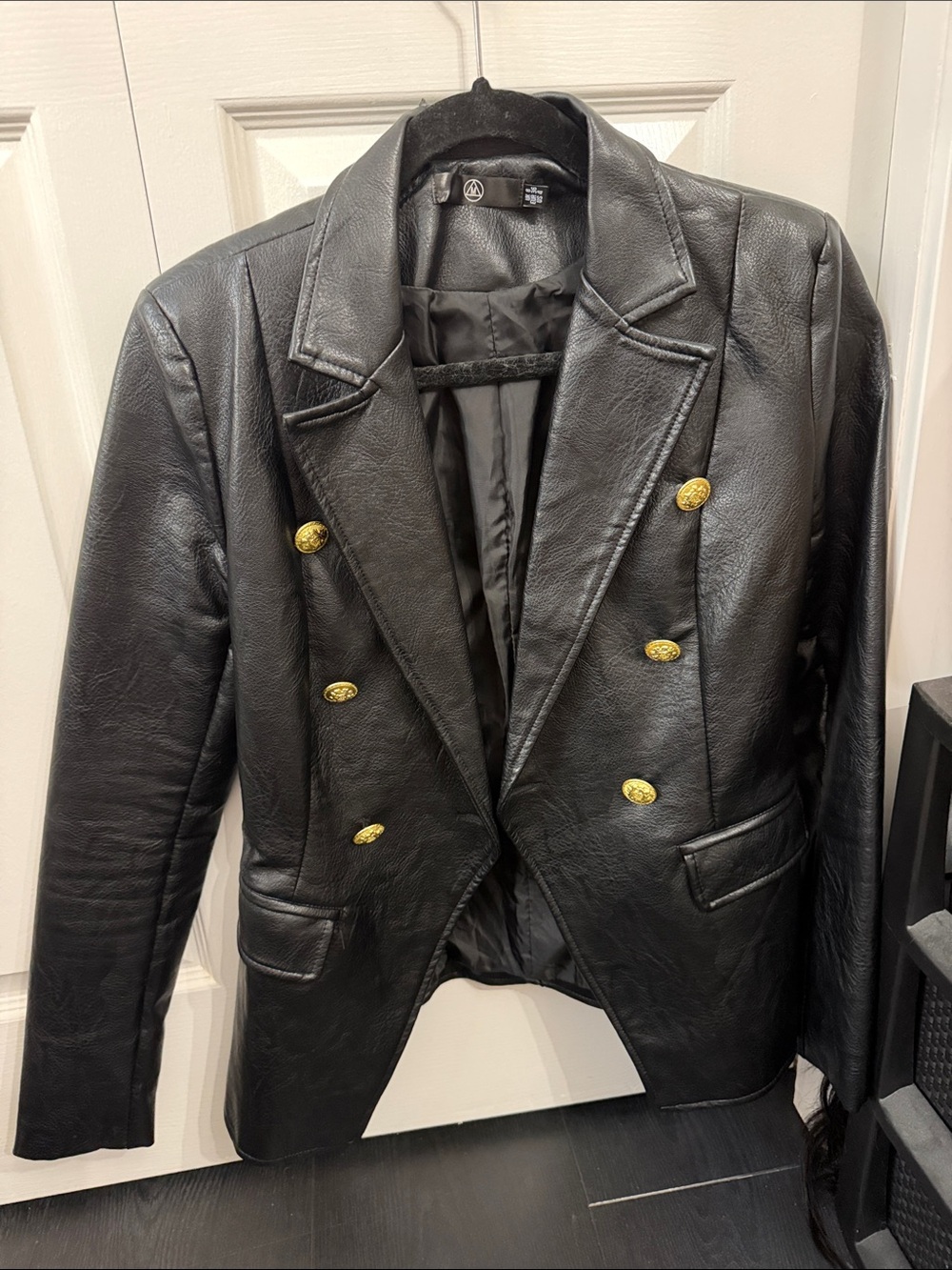 Misguided Black Double-Breasted Leather Blazer with Gold Buttons